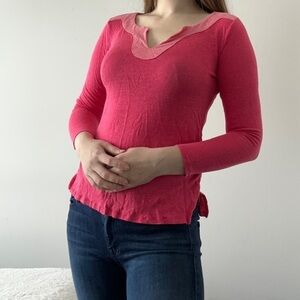 100% linen Saks Fifth Avenue top S stretch light knit summer pink V-neck sweater